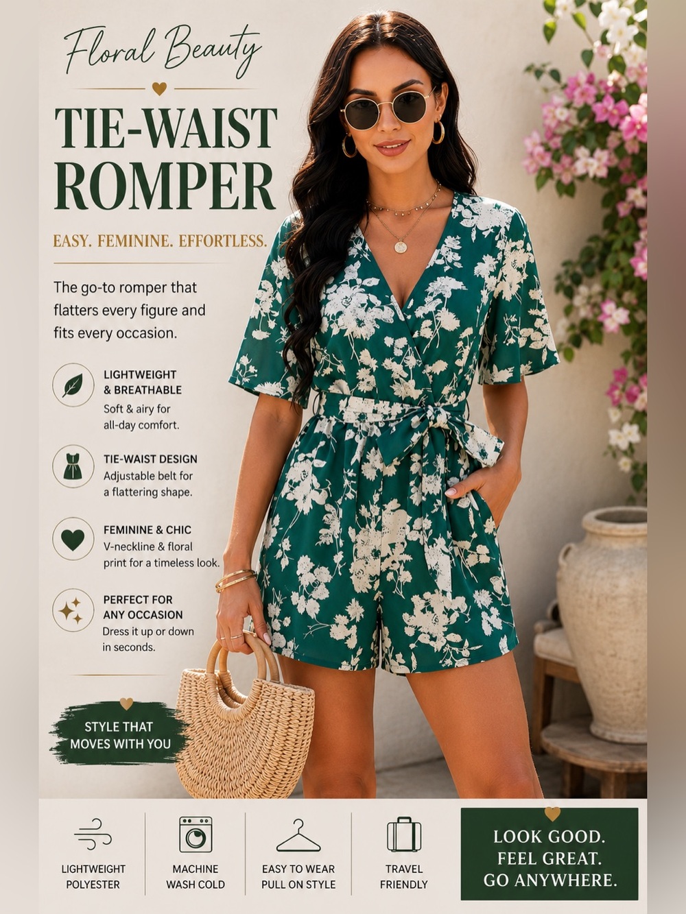 Green Floral V-Neck Tie-Waist Romper | Chic Summer Vacation Outfit
